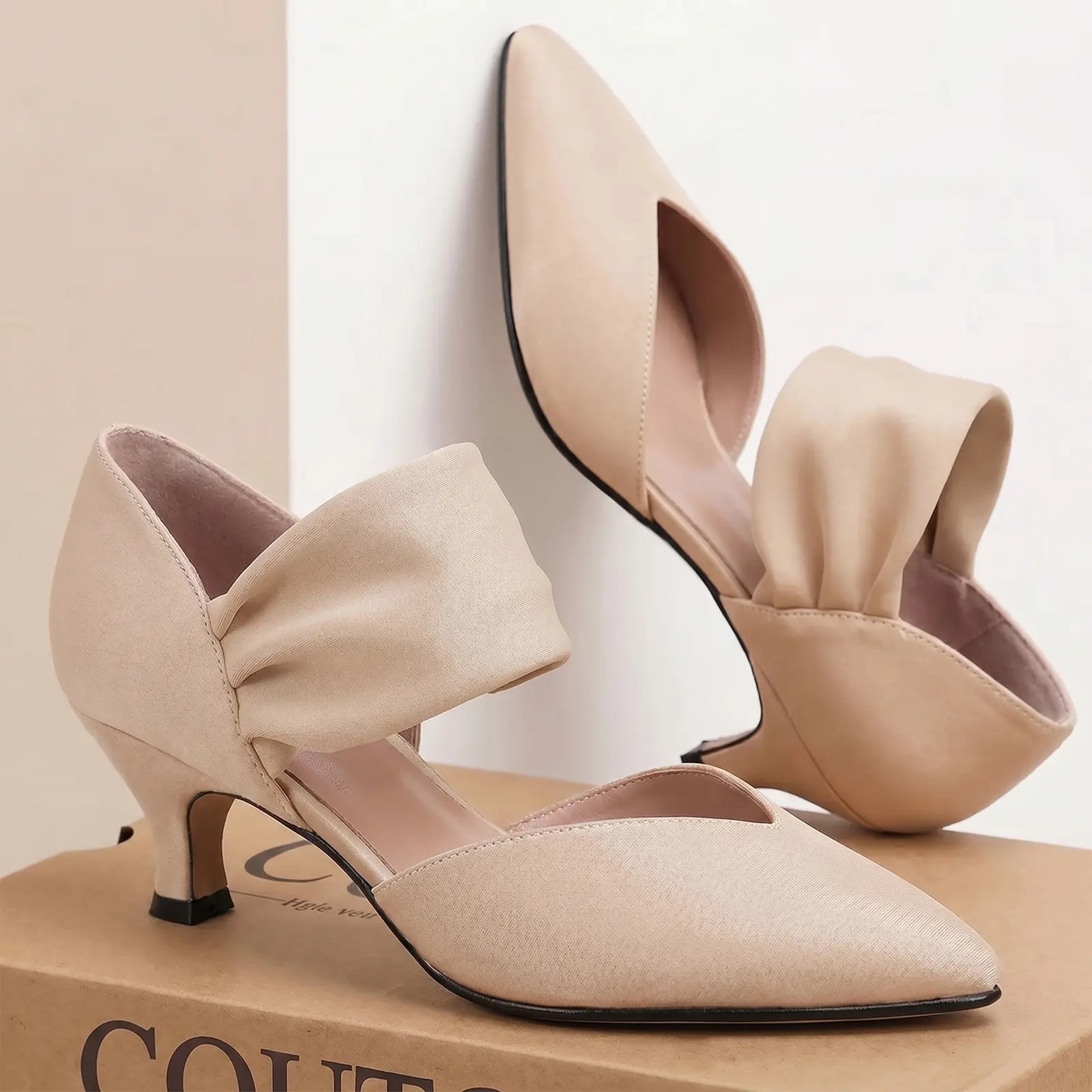 Coutgo Womens Low Kitten Heel Dress Shoes Pointed Toe Slip on Ankle Strap Cutout Elegant Party Wedding Pumps tiktokshopbacktoschool
