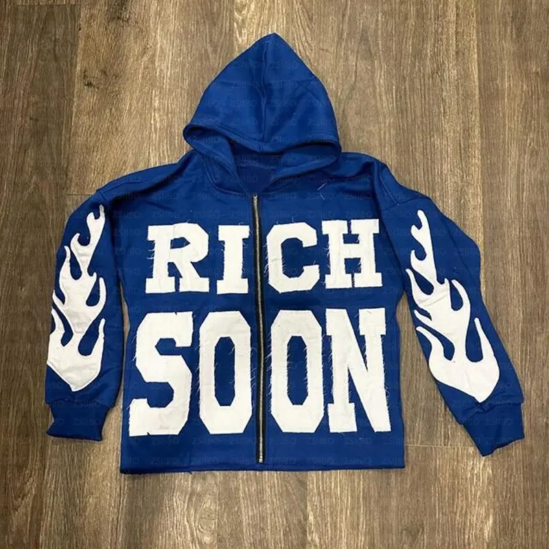 Men Zipper Top Jacket  Viral "RICH SOON" Flame Sleeve Zip Up Hoodie  Streetwear Jacket  ﻿ Casual Fashion  Menswear