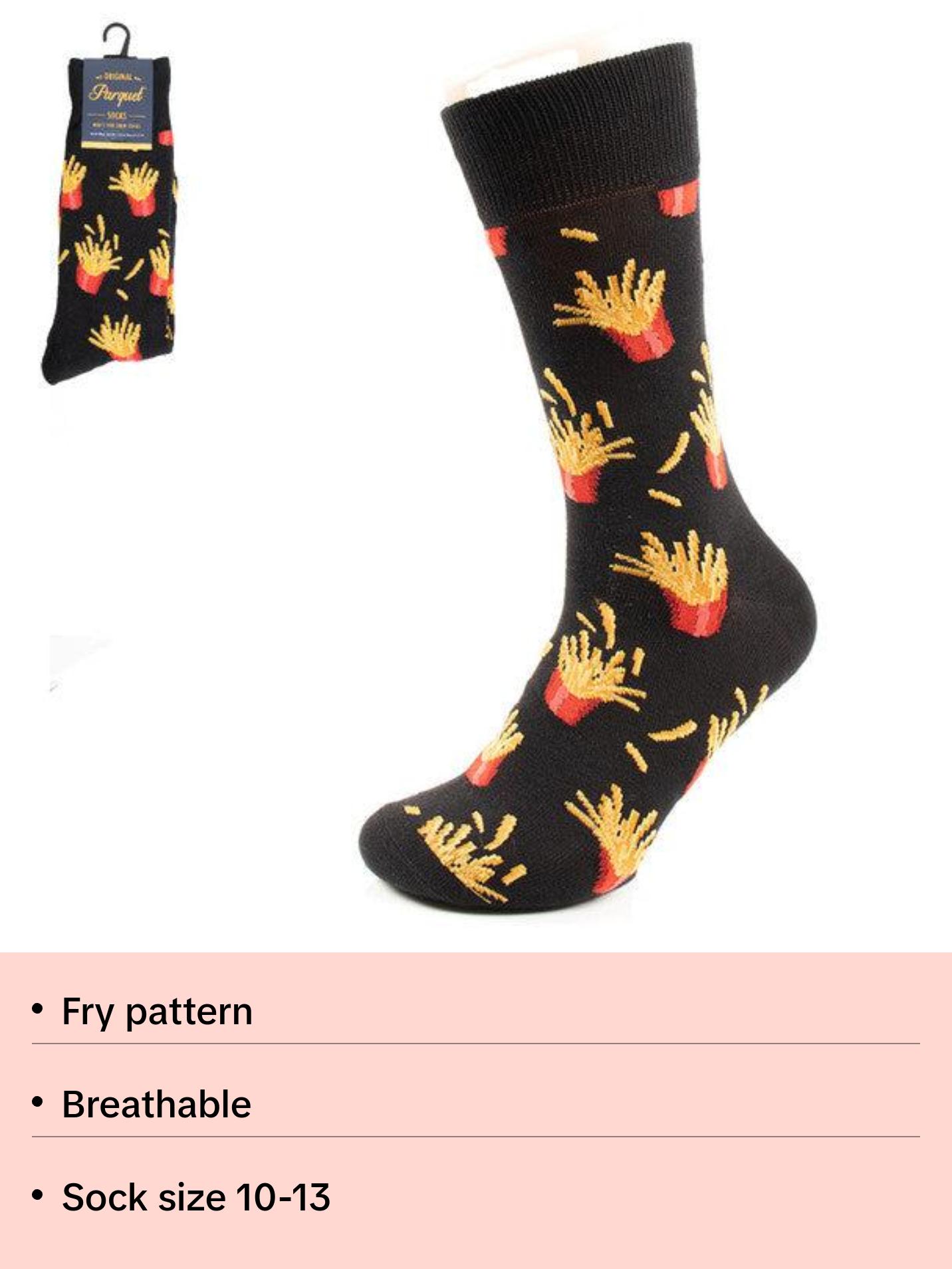 Parquet Men’s French Fries Pattern Novelty Crew Socks – Black