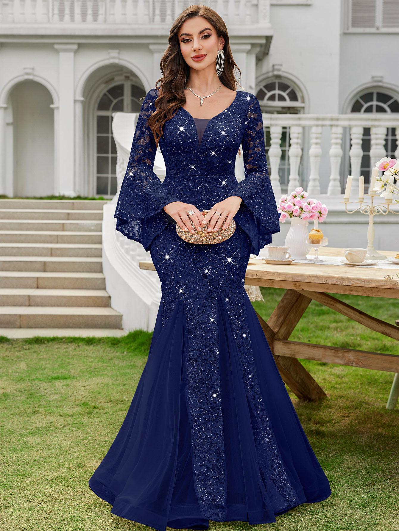 Miusol 24351A Women's Deep V Neck Sequin Floral Lace Mesh Tulle Hem Formal Evening Maxi Dress Navy Blue Elegant Design for Cocktail Parties & Evening Proms Winter wedding guest dress SpringStatements