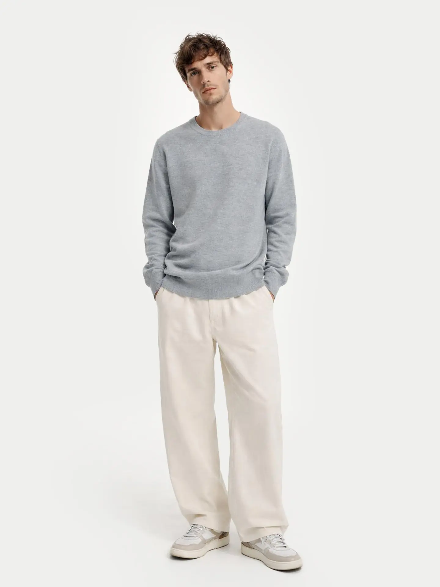Men's 3-Piece Cashmere Sweater Set with Crew Neck Top, Long Coat, and Scarf | Plain Knitwear Menswear, Tops