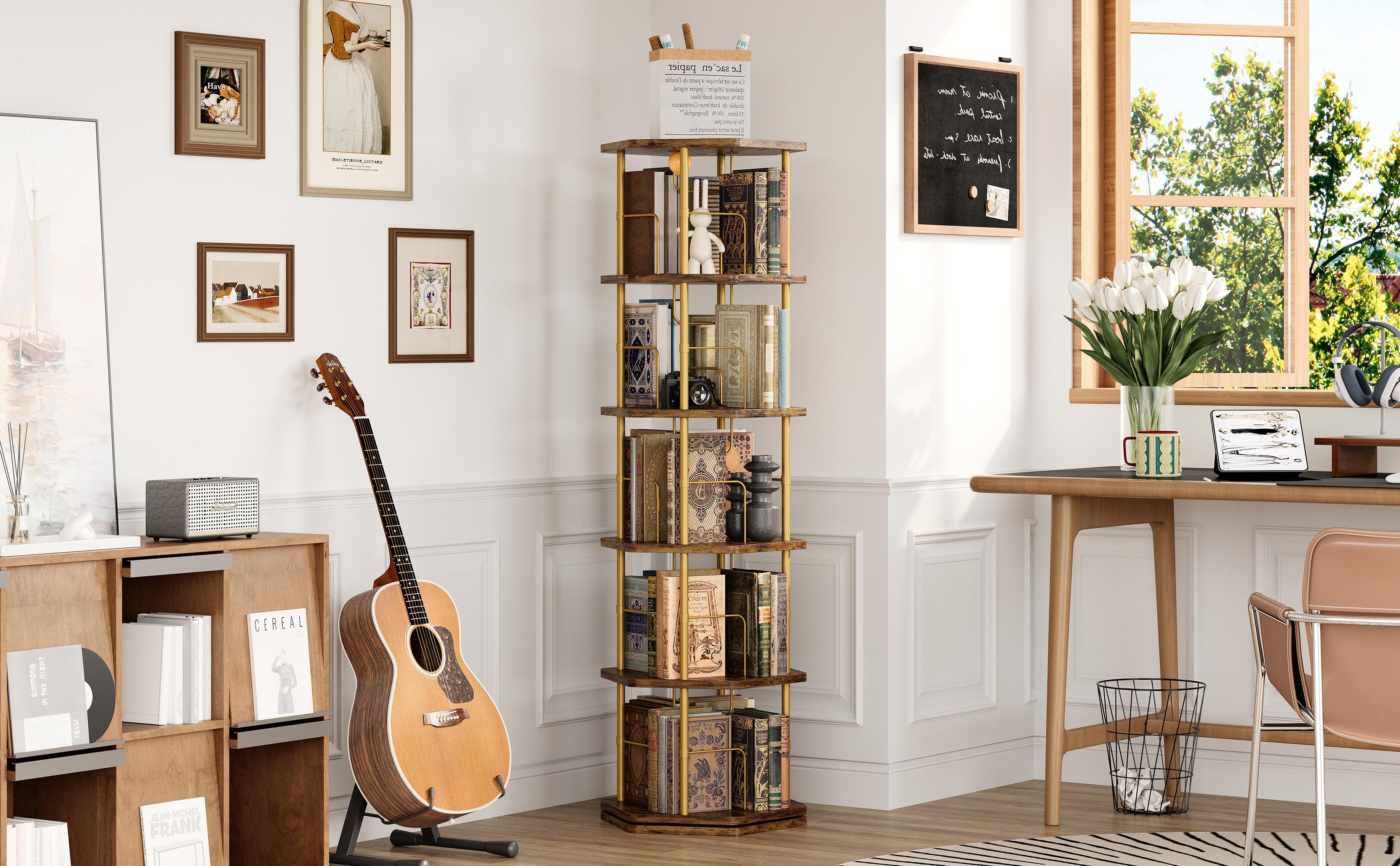 IRONCK 5-Tier 360° Rotating Bookshelf, Round Spinning Bookcase for Home & Office, Wooden Floor Standing Storage Organizer Display Rack