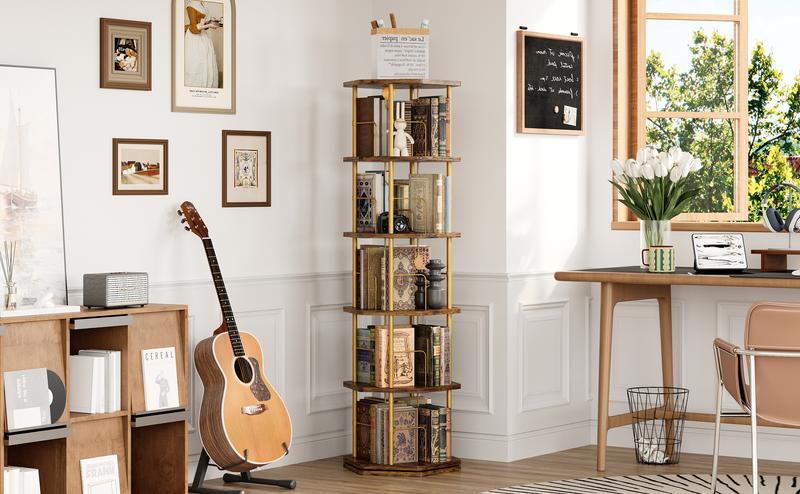 IRONCK 5-Tier 360° Rotating Bookshelf, Round Spinning Bookcase for Home & Office, Wooden Floor Standing Storage Organizer Display Rack