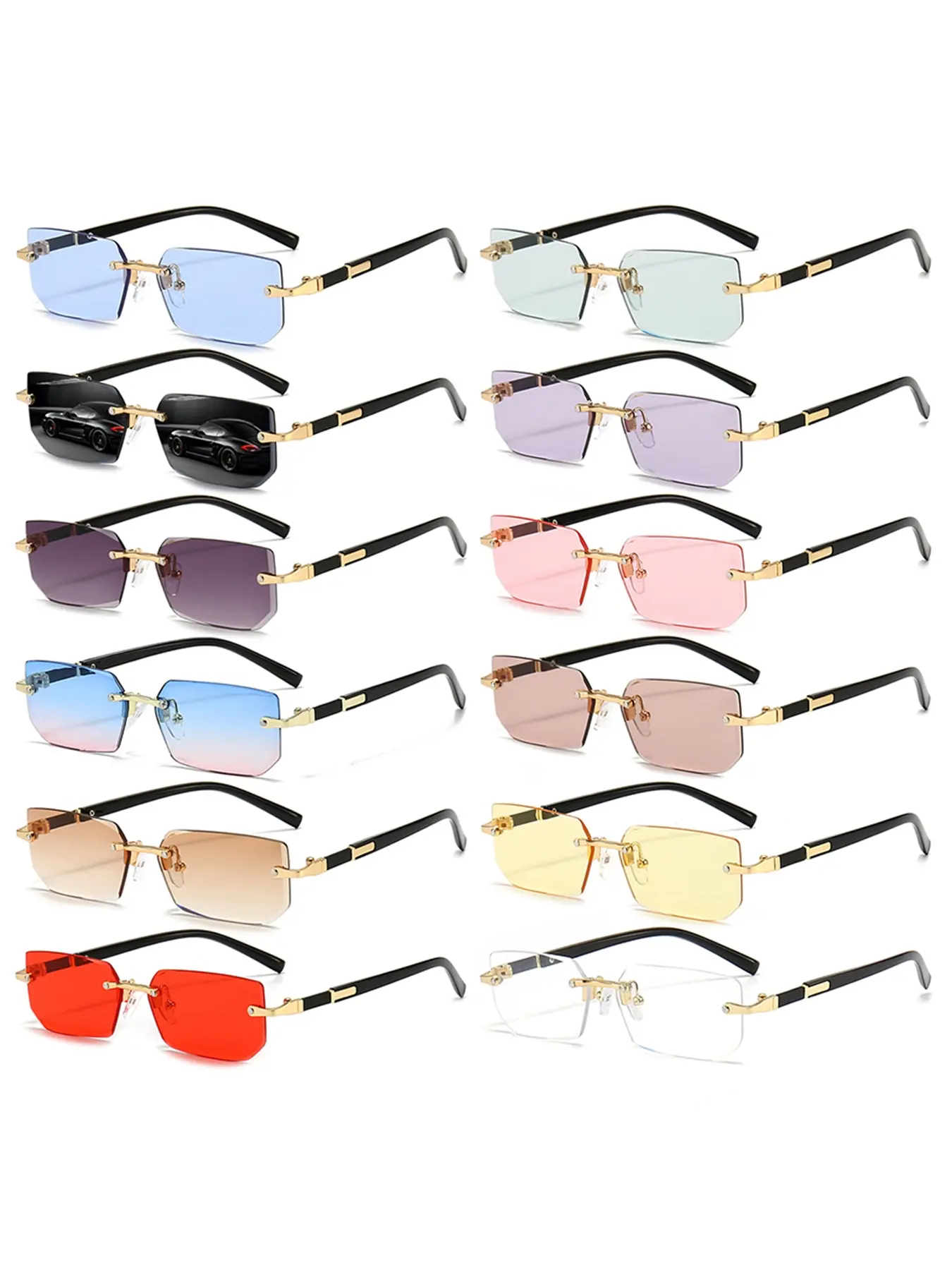 12 Pairs Frameless Design Sunglasses Set, Rectangular Gradient Lenses, Lightweight Polycarbonate Frame, Metal Legs for Durability, Suitable for Various Occasions, Stylish Sunglasses, Fashionable Sunglasses, Available In Multiple Colors