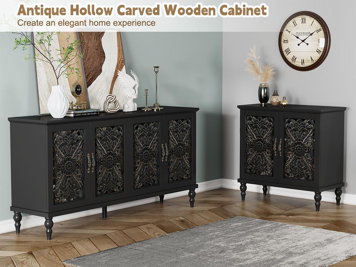 [summerwins] HLR Antique Wooden Sideboard Buffet Cabinet | Vintage Floral Carved Doors, 3 Adjustable Shelves, 61.8” Console with Ample Storage, Sturdy MDF Frame, Elegant Dining Room Decor | Easy to Assemble, Large Capacity sohochic
