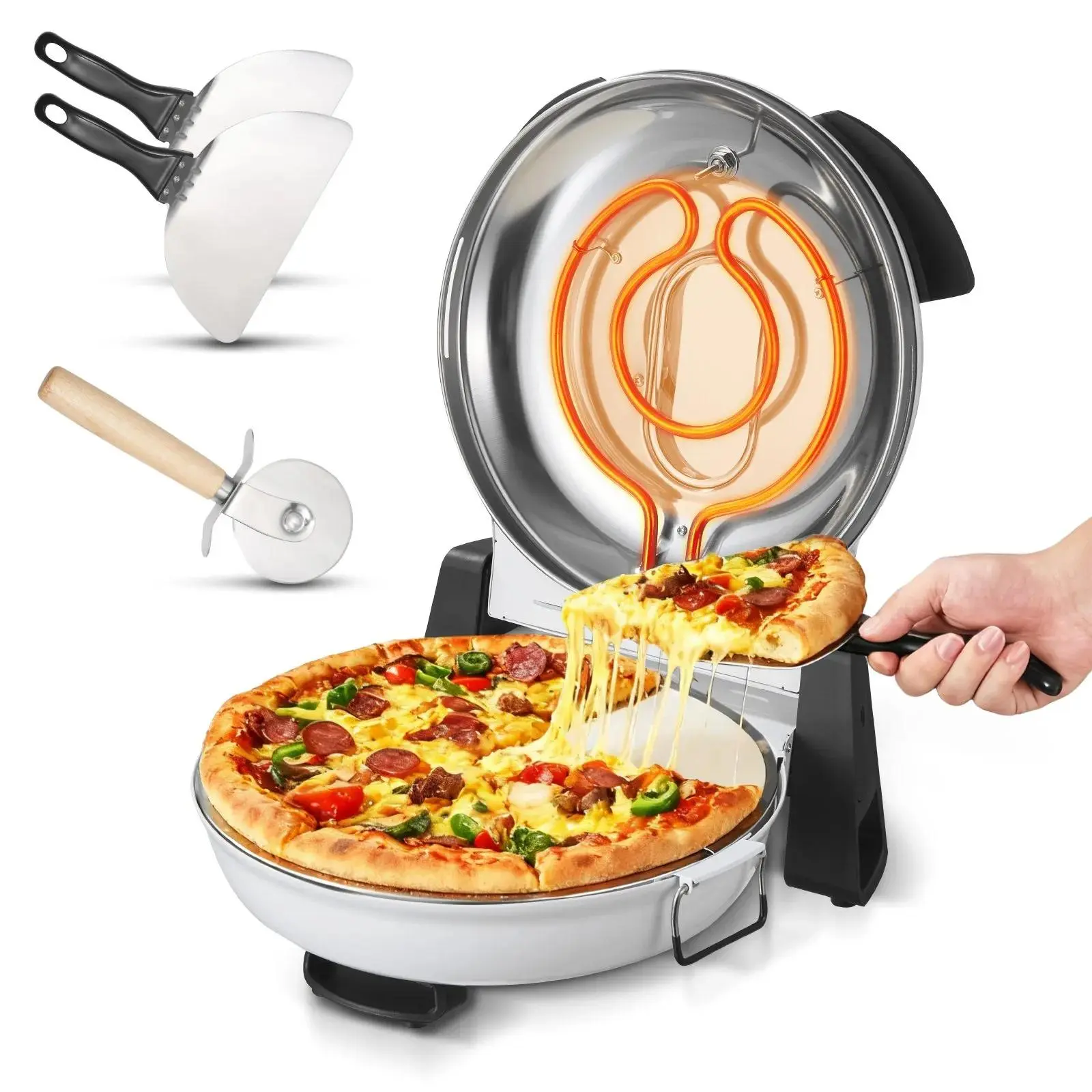 【Summerfinds】VEVOR Pizza Oven, 12 in Electric Pizza Maker, 1200W Electric Pizzas Cooker with Cordierite Stone, 5-Mode Temperature Control, Viewing Window for Precise Cooking, Heats up to 788 ˚F, for Home (White)
