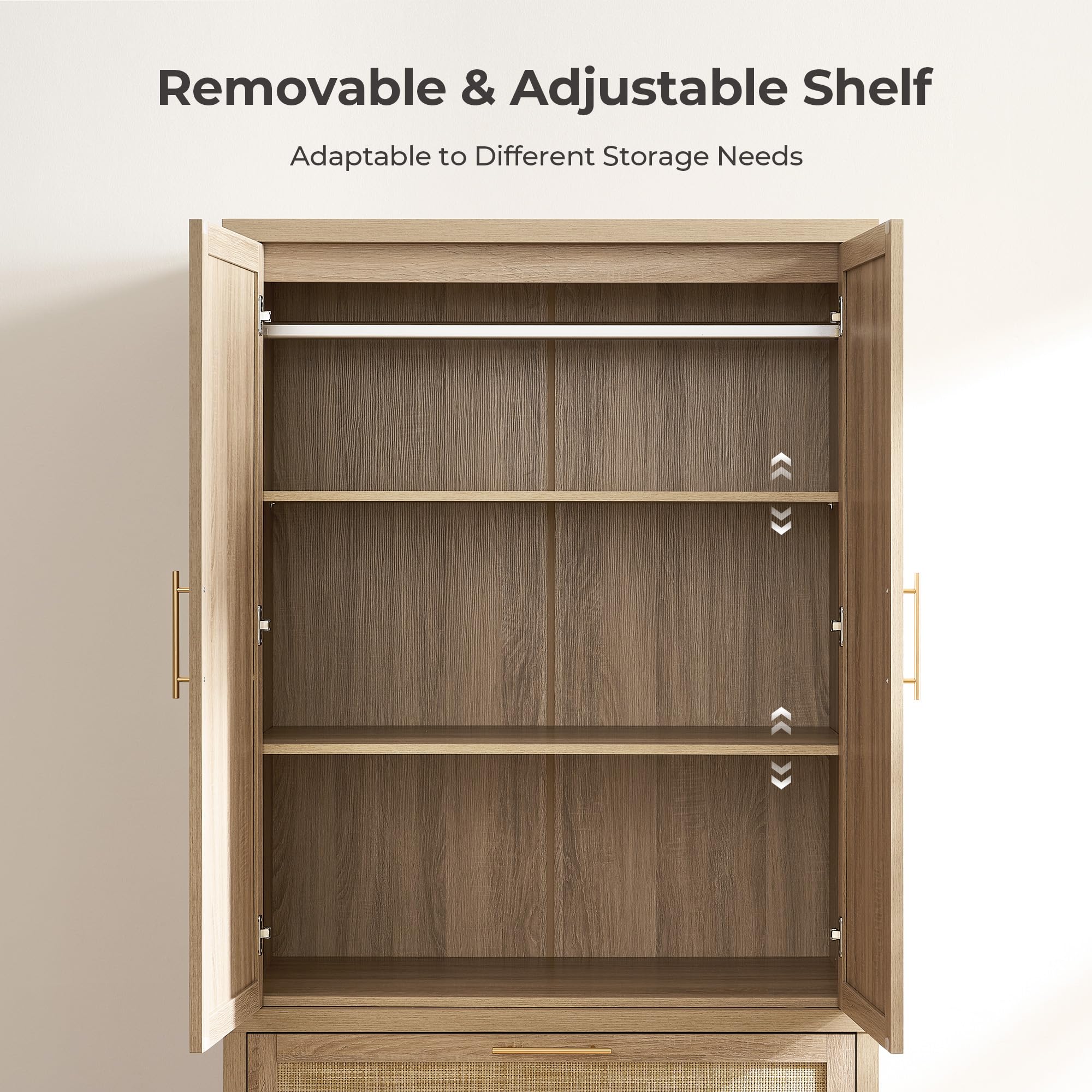 SICOTAS Rattan Armoire Wardrobe Closet Cabinet, 71" Tall Wardrobe Storage Cabinet with Doors, Larger Drawers and Hanging Rod, Boho Armoire Clothes Organizer for Bedroom, Laundry Room, Cloak Room, Oak