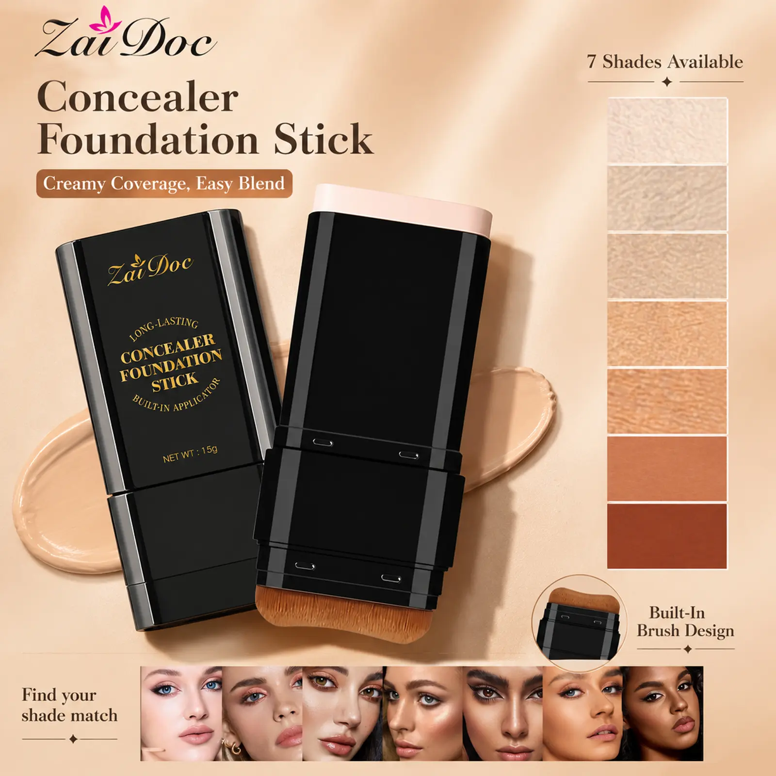 Zaidoc 7-color Dual -Ended Concealer Foundation Stick, 2-in-1 Long-Lasting Foundation and Concealer with Brush, Creamy Full Coverage for Dark Circles & Blemishes, Hydrating Olive & Camellia, 2.09 Oz