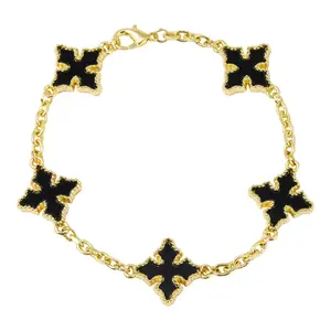 Elegant Minimalist Cuff Bangle Bracelet with Gold Chain and Black Cross Charms for Women