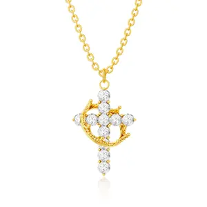 Tewiky 14K Gold Plated Crown Cross Zircon Pendant Necklace for women-Dainty 14k Gold Cubic Zirconia Pendant Necklaces Simple Gold Cross Pendant Necklace For Valentine's Day gifts