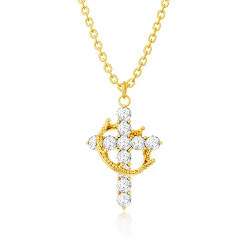 Tewiky 14K Gold Plated Crown Cross Zircon Pendant Necklace for women-Dainty 14k Gold Cubic Zirconia Pendant Necklaces Simple Gold Cross Pendant Necklace For Easter gifts