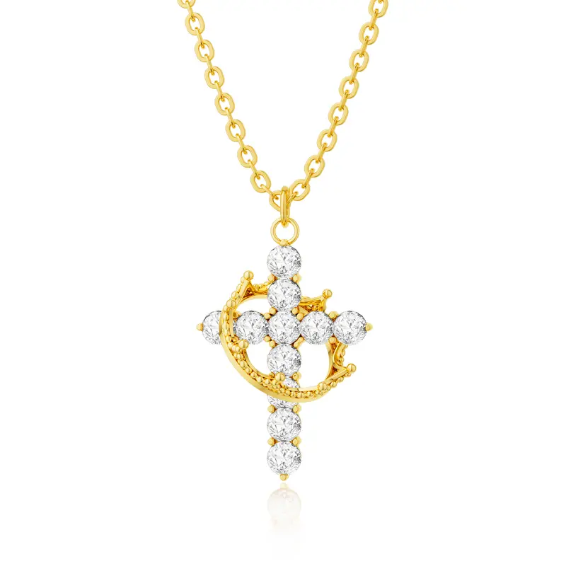 Tewiky 14K Gold Plated Crown Cross Zircon Pendant Necklace for women-Dainty 14k Gold Cubic Zirconia Pendant Necklaces Simple Gold Cross Pendant Necklace For Easter gifts