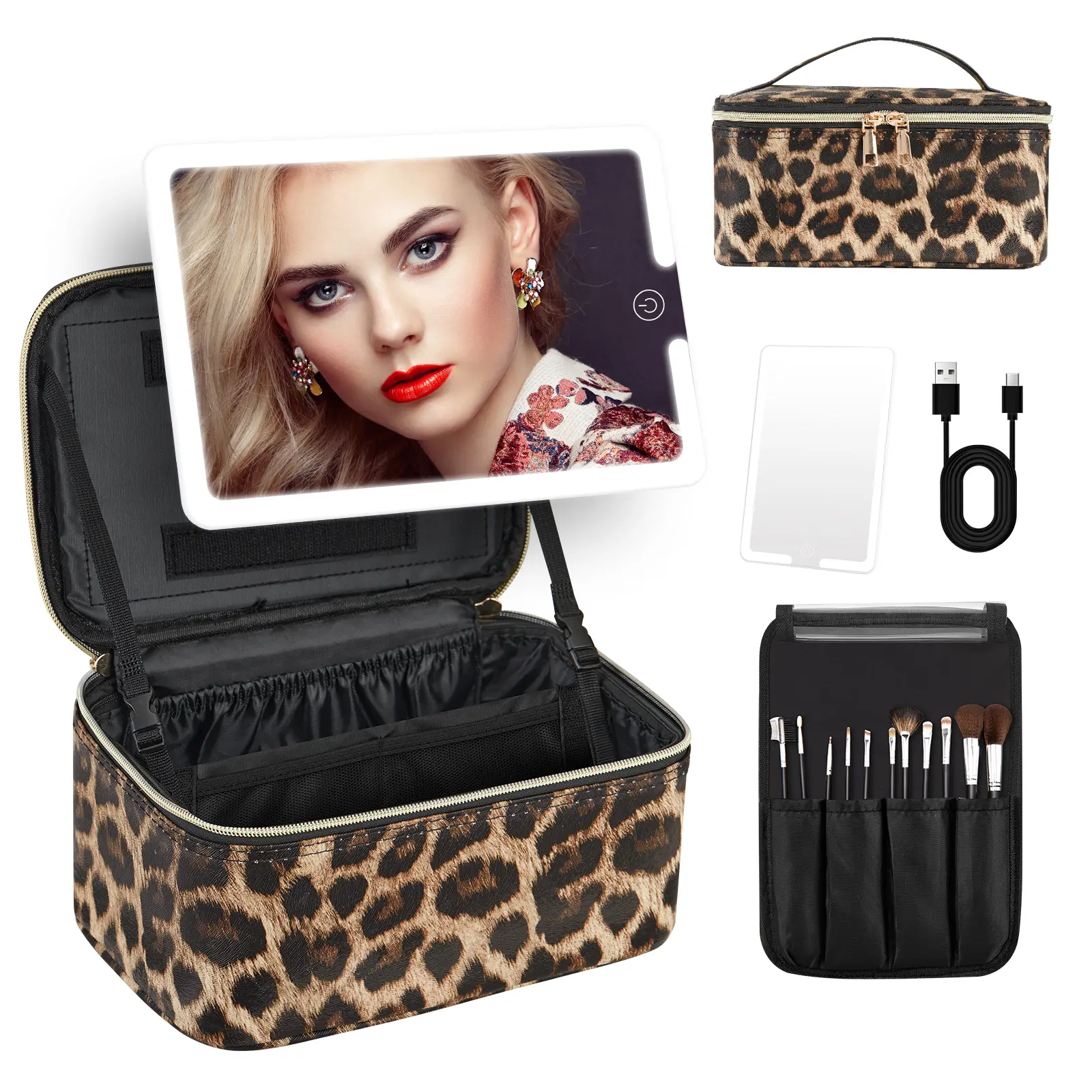 Leopard Print Sleek PU Leather 3-in-1 LED Portable Vanity Cosmetic Bag - Detachable Mirror, Adjustable Dividers, Large Capacity, USB Rechargeable Makeup Storage Organizer for Travel & Home, Ideal Gift for Girls