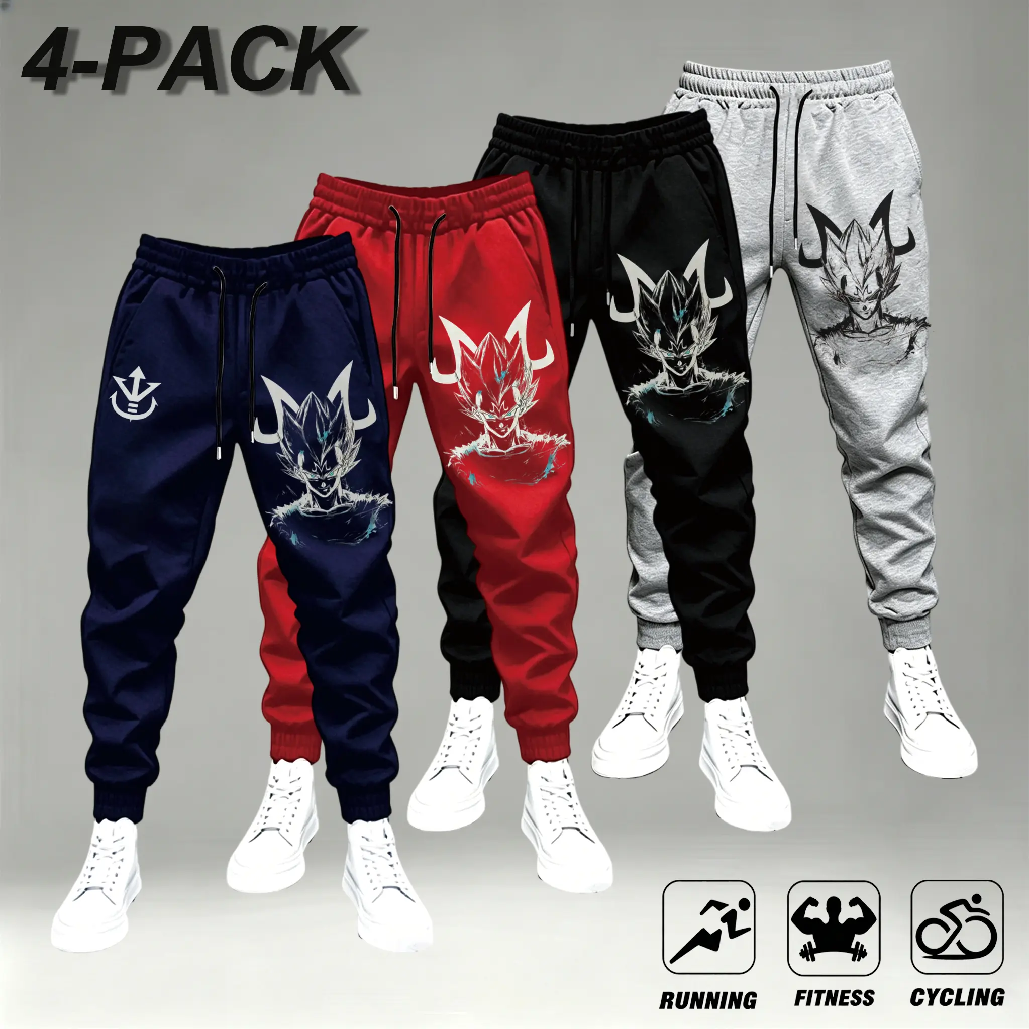 4-Pack Anime Print Joggers for Men - Navy, Red, Black, Gray - Ideal for Running, Fitness, Cycling - Comfortable & Stylish,Anime Saiyan Graphic Jogger Pants Men Streetwear Casual Sweatpants Athletic Workout Trousers, Clothes, Mens Clothing