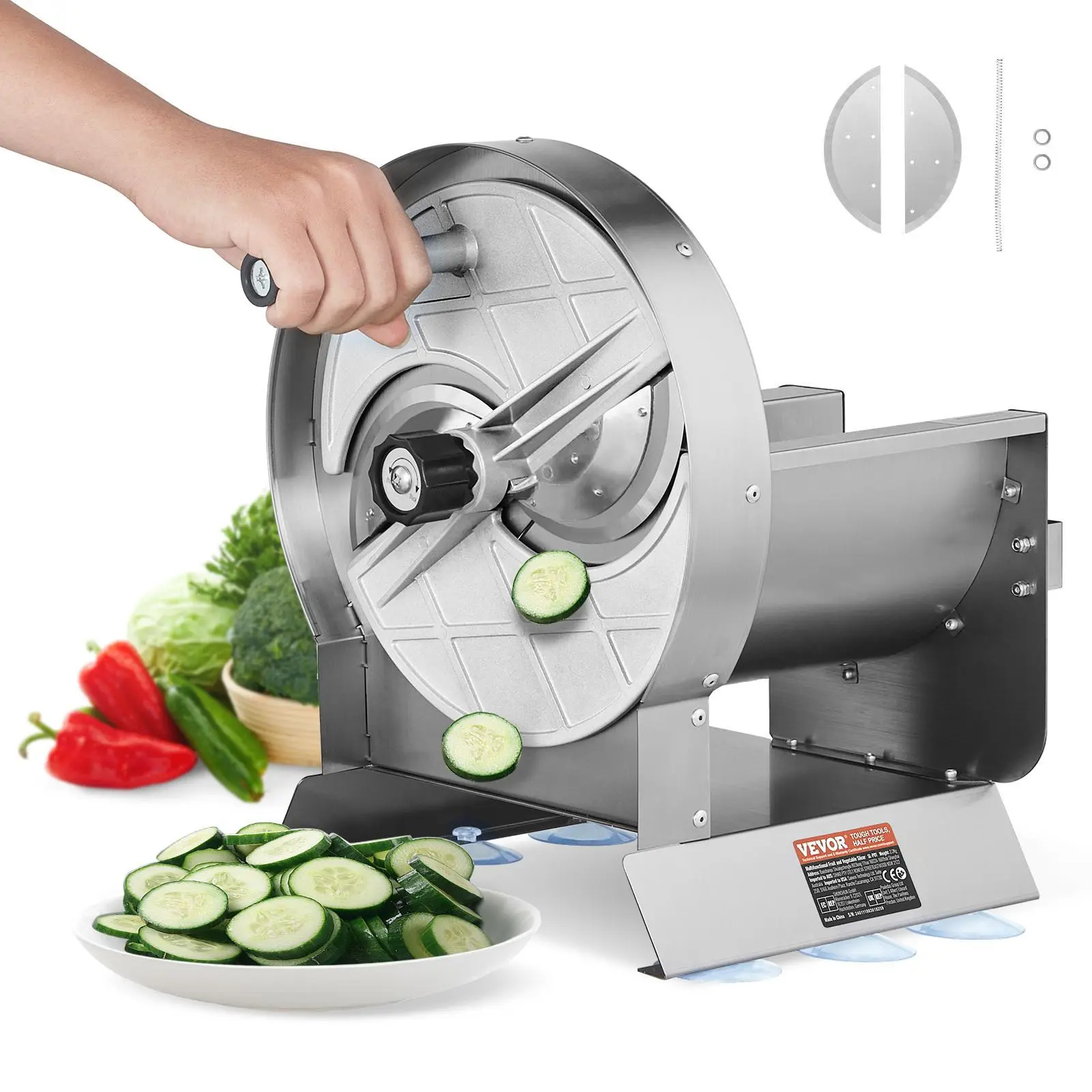【Summerfinds】VEVOR Manual Vegetable Fruit Slicer - 0-0.5"/0-12mm Thickness Adjustable Commercial Vegetable Chopping Machine, 185x100x130mm Stainless Steel Snap Cutter with 2 Spare Round Disc Blades, for Hotels, Potato, Cucumber, Smooth