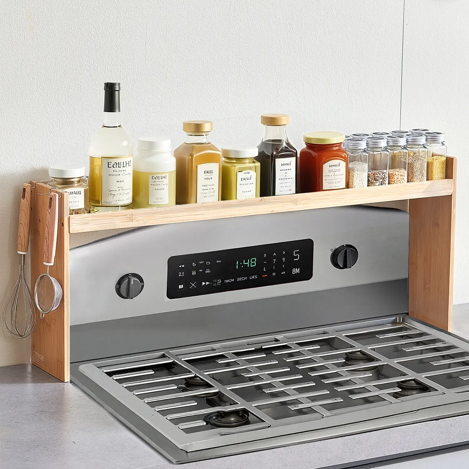 VEVOR Over the Stove Shelf,  Over Stove Spice Shelf for Kitchen Stove Top, Seasoning Shelves, Spice Organizer, Easy to Assemble Countertop Storage Solution, Kitchen Gadgets with 6 Hooks