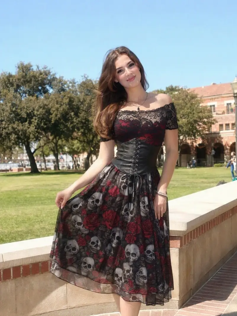 RETRO STAGE Lady's 1950s Vintage Style Swing Gown, Gothic Rose Print Knee-Length A-Line with Belted Mesh Top, Skull, Lace, Halloween, Zipper, Dress, Goth Clothes, Vintage Things, Graphic, Cold Wash, Polyester tiktokshopbacktoschool, Wash Dark Colors Separ