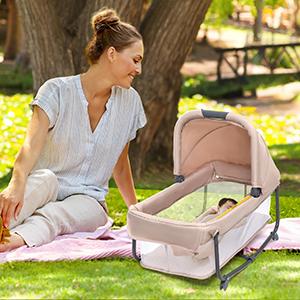 JOYMOR Twin Bassinet for Baby, Bedside Bassinet, Convertible to Bedside Sleeper & Playpen Foldable Portable Sleeping Cot with Wheels & Brake JOYMOR Twin Bassinet for Baby, Bedside Bassinet, Convertible to Bedside Sleeper & Playpen Foldable Portable Sleeping Cot with Wheels & Brake