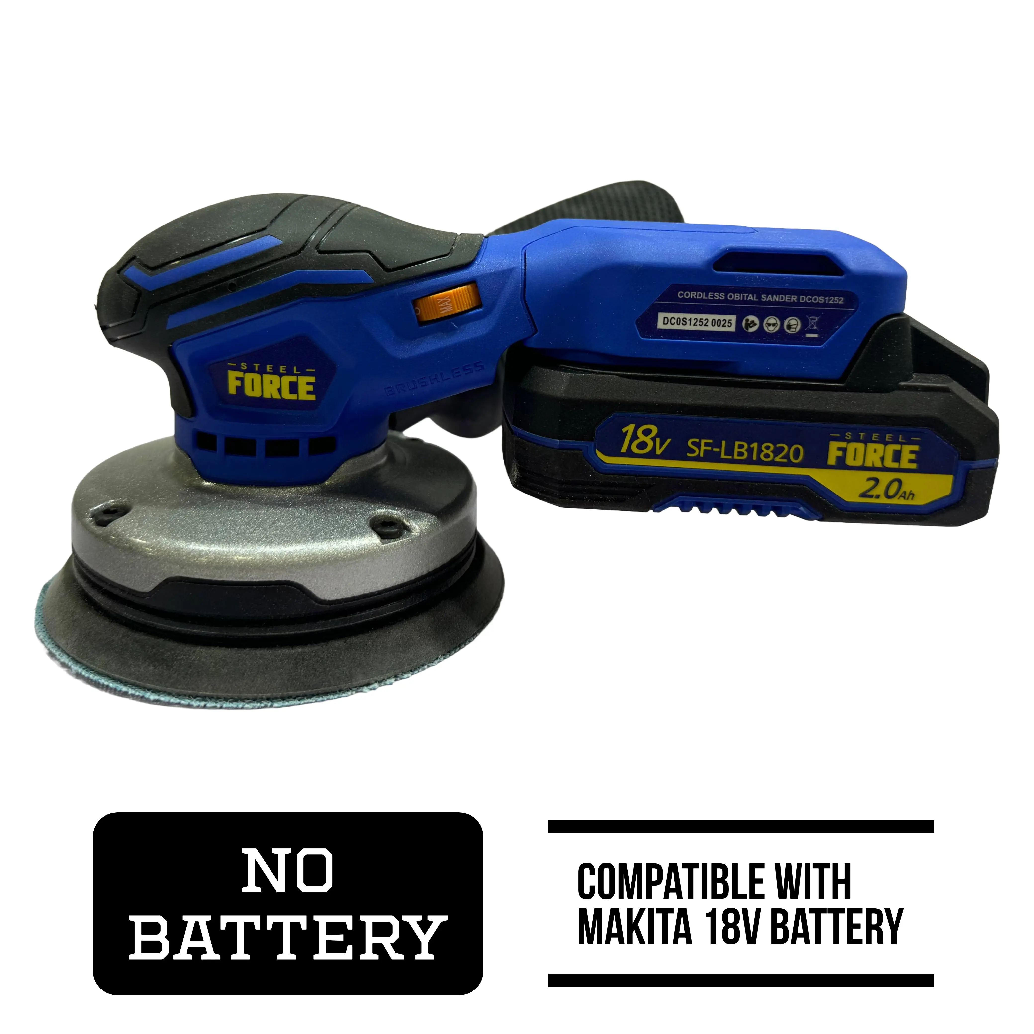 Steel Force Brushless Motor Cordless Orbital Sander - Makita 18V Compatible, No Battery, 12000 RPM, 6 Variable Speeds, Dust Collector, Hardware Power Tool for Woodworkers, Carpentry Fast & Smooth Sanding