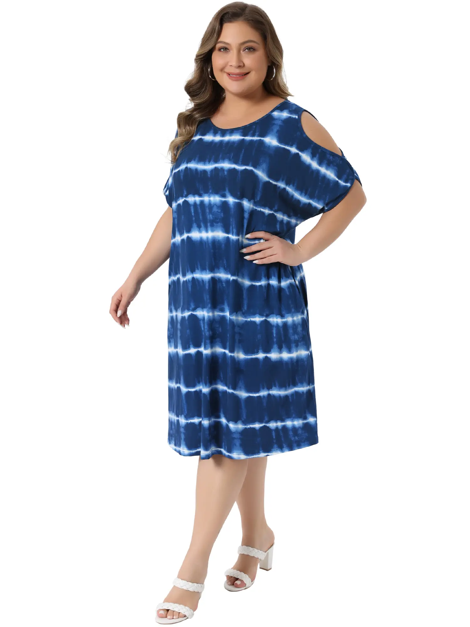 Agnes Orinda Plus Size Tie Dye Dress for Women Crew Neck Off Shoulder Loose t Shirt Dresses with Pockets