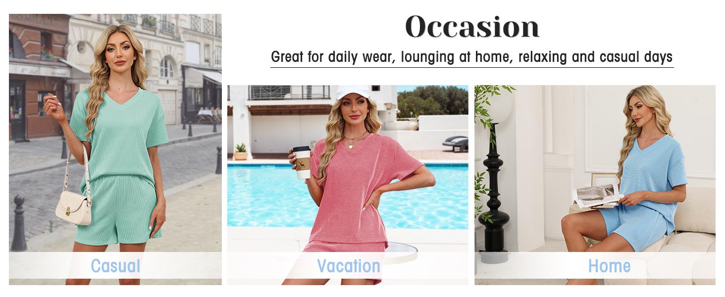 Women’s Ribbed 2 Piece Lounge Set, Short Sleeve Top and Shorts Matching Set for Casual Summer Outfits