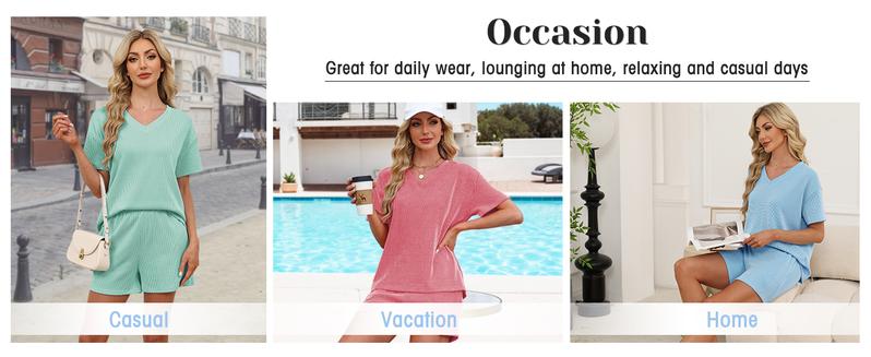 Miduo Women's 2 Piece Sets Ribbed Textured Knit Casual Short Sleeve Shirts Shorts Two Piece Lounge Matching Set for Spring Summer Fall Soft Womenswear Miduo Women's 2 Piece Sets Ribbed Textured Knit Casual Short Sleeve Shirts Shorts Two Piece Lounge Matching Set for Spring Summer Fall Soft Womenswear