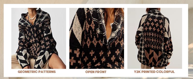 Tanming Women's TikTokShopBlackFriday Oversized Geometric Checkered Cardigan Sweater Long Sleeve Drop Shoulder Chunky Knit Plaid Shawl Collar Coats Y2k Print for Autumn Winter Casual Wear Polyester Material Breathable Fit Medium Tops