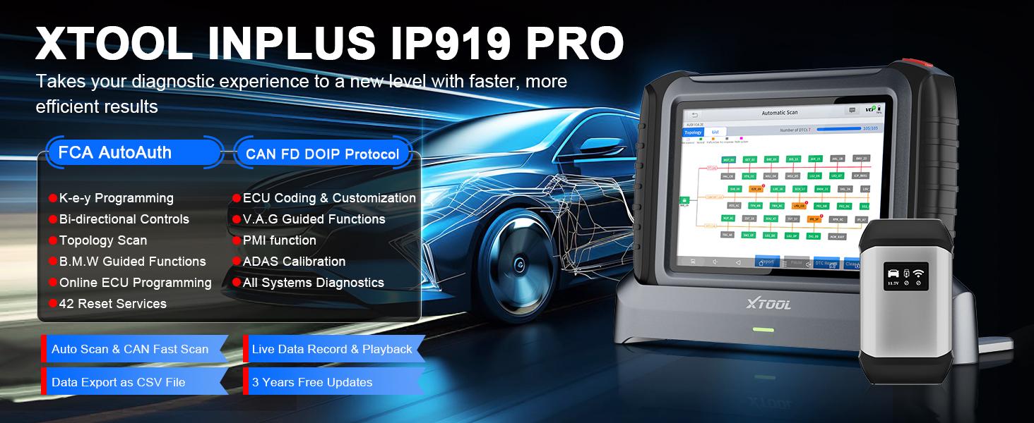 XTOOL IP919 PRO OBD2 Scanner Full System Diagnostics, Topology Mapping, ECU Coding, 42+ Resets, with DoIP/CAN FD/AutoAuth Support