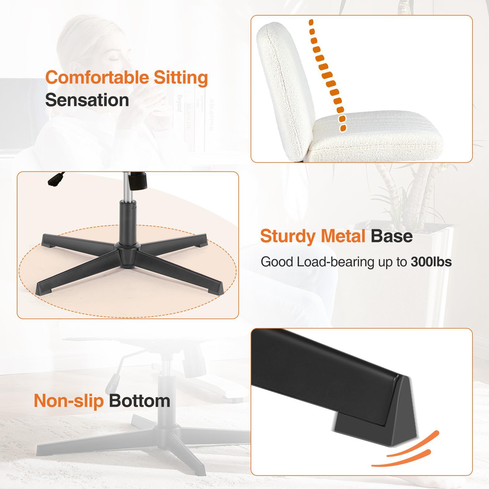 Armless Swivel Office Desk Chair with Criss Cross Chair Legs - Height Adjustable Wide Seat Computer Task Chair for Home Office, Fabric Vanity Chair