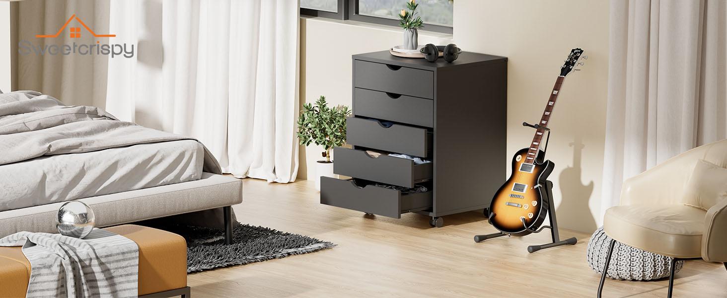 5 Drawer Chest Wood File Cabinet Rolling Organization Storage Dresser with Wheels for Home Office