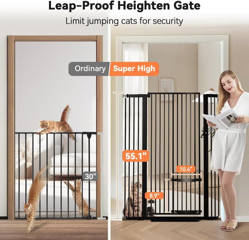 COMOMY 55.1" Extra Tall Pet Gate for Cats, 29.5-40.6" Extra Wide Cat Gate with Adjustable Cat Door, Pressure Mounted Easy Walk Through Pet Gate with Door for Stairs, Doorways, Kitchen Safety Fences, Valentine's Day