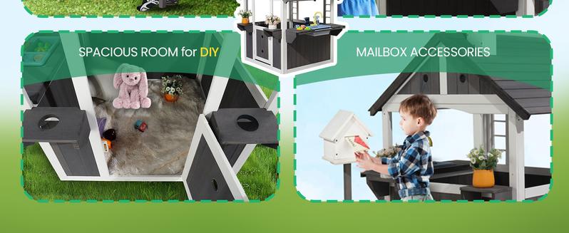 JOYMOR Kids Outdoor Playhouse - Wooden - Cottage with Sink Toys, Picnic Table Set, Mailbox, Flowerpot Holders, Kids Wooden Playground for Age 3-8 DIY Backyard