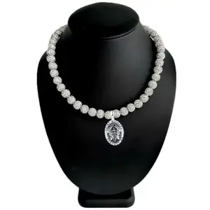 Iced Bling Disco Ball Rhinestone Pollyanna Beaded Baseball Drip Necklace + Silver Saint Michael "Protect Us" Pendant