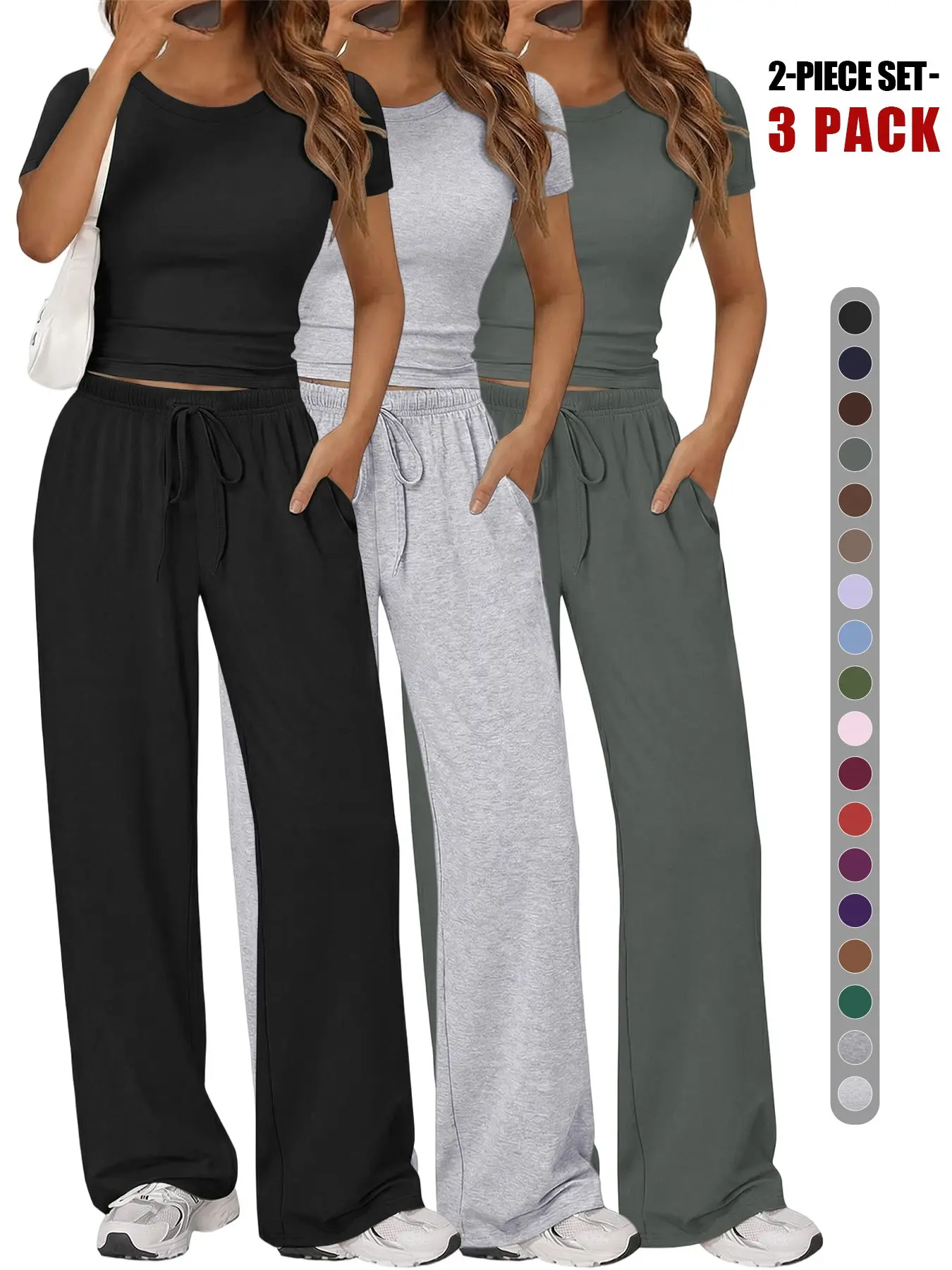 Women's Spring Summer Casual Everyday Basic Knitted Set Outfit, Round Neck Short Sleeve Top & Wide Leg Pants, Slim Fit Home Wear, 2 Piece Comfortable, Solid Pants Set, Two Pieces Sets
