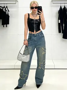 Baggy Jeans Women Mid Waisted, Womens Baggy Jeans Pants, Denim Baggy Jean For Girls, Girls Denim Wide Leg Jeans, Goth Pants For Women, Emo Pants, Goth Jean Star Pant, Y2k Pant, Cute Pant, Grunge Jean, 90s Distressed Vintage Trousers Streetwear