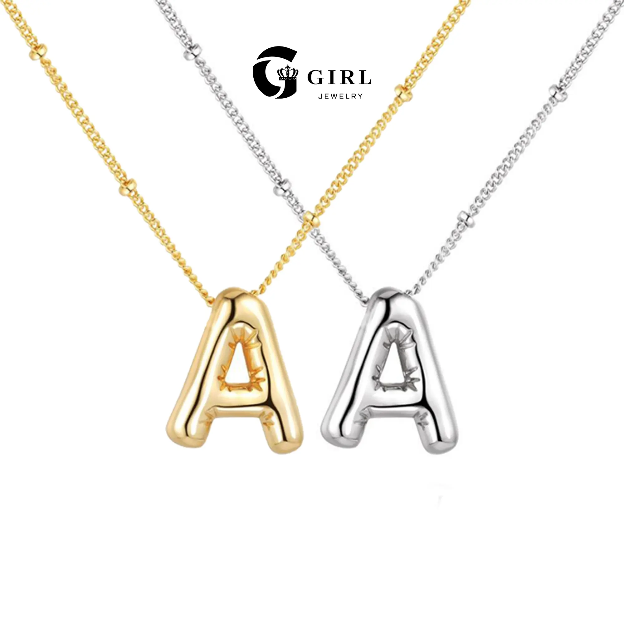 GGIRL Bubble Letter Necklace 18K Gold Plated Chubby Pendant Name Necklace for Women Elegant Collarbone Chain Personalized Jewelry Glossy Letter Design Fashion Jewelry Gift for Holiday Haul Christmas Birthdays Anniversaries