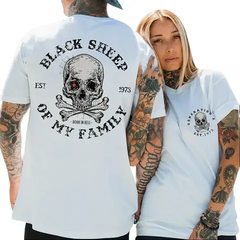 Men's Casual Fit Short Sleeve Crewneck Graphic T-Shirt - Fashion Menswear Streetwear, 1973 Retro Edge Sheep Skull Print, Casual Rebel Vibe, Unisex Black Sheep of the Family Design, Size S