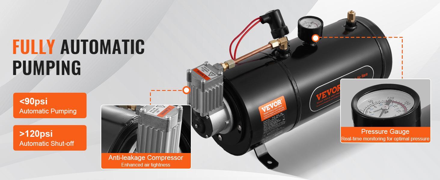 VEVOR Train Horns Kit, TikTokShopBlackFriday, 4 Trumpet Air Horn Kit, 150dB Train Horns for Pickup Trucks, 12V 120 psi Air Compressor 0.8 Gal/3 L Tank with Gauge for Any 12V Vehicle Car Truck Train Van Boat Power Sound Accessory VEVOR Super Brand Day