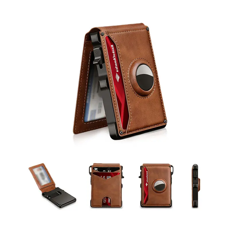 Minimalist Men's Slim Wallet 9-13 Cards Money Clip ID Window RFID Blocking Aluminum Bifold Pop-Up with AirTag Compartment Perfect Gift Brown, black, carbon fiber color(AirTag Not Included)