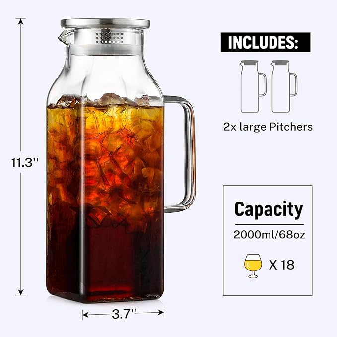2-piece Set 2L/68oz Small Square Glass Jug With Lid And Handle, Suitable For Refrigerator, Iced Tea And Coffee Water Bottle Storage Containers, Heat And Cold Resistant Borosilicate Water Jug