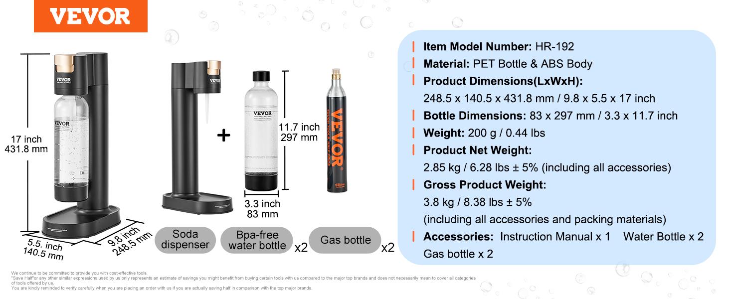 VEVOR Sparkling Water Maker,  Soda Maker Machine for Home Carbonating, Seltzer Water Starter Kit with 2 BPA-free 1L PET Bottles, 2 CO2 Cylinders, Compatible with Mainstream Screw-in 60L CO2 Cylinder