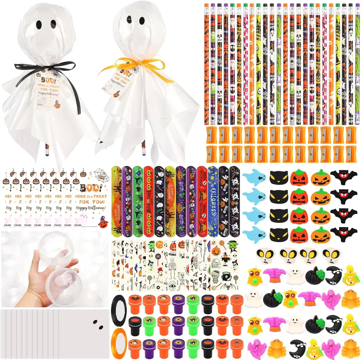 Halloween Fall Gift 24Pack Halloween Party Favors, Halloween Classroom Gifts Giant Lollipop Gifts for Birthday Party with Gift Cards, Pencils, Erasers, Stickers, Sharpener for Classroom Exchange Party Gift