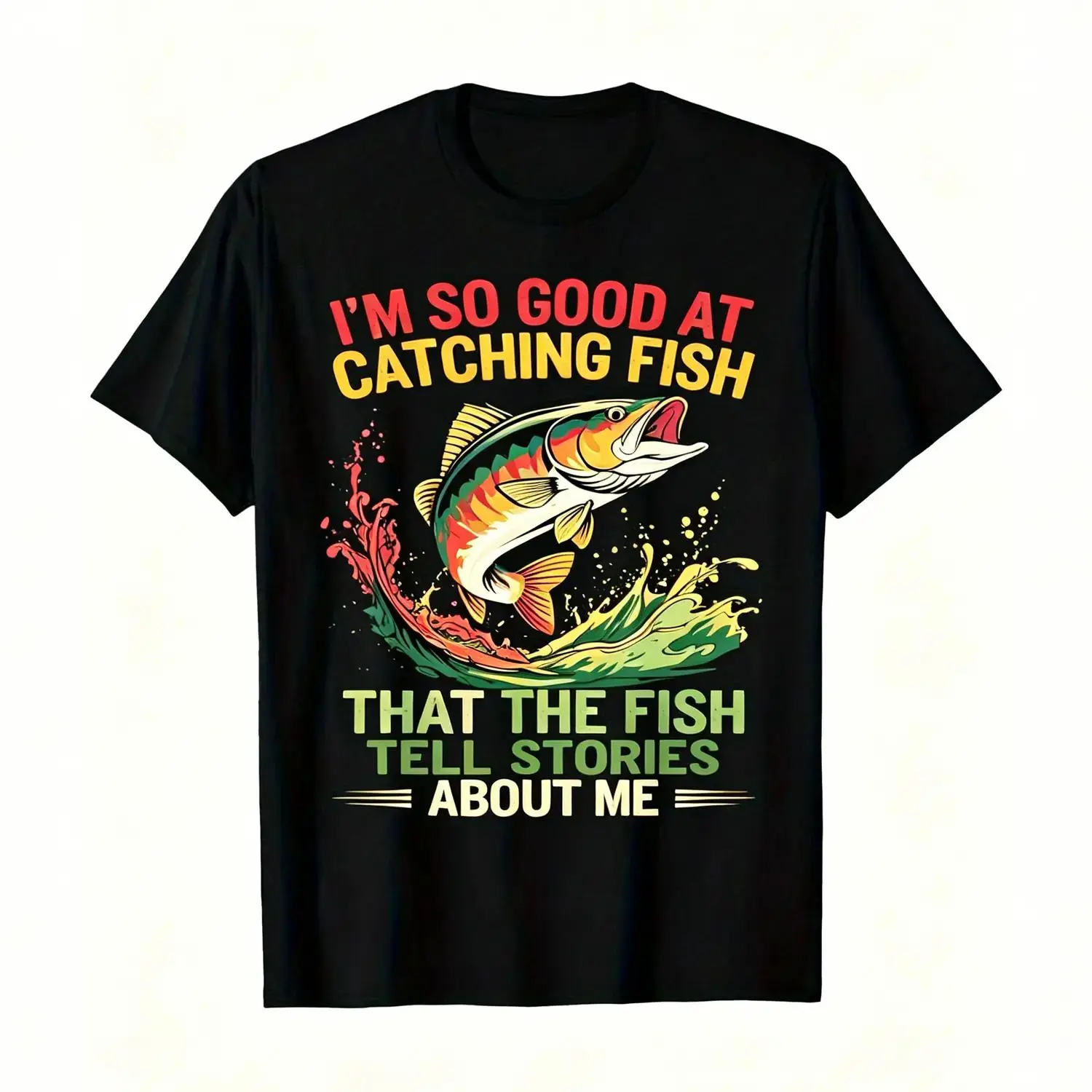 Mens Humorous Fishing Cotton T-shirt Featuring I Fish So Well The Fish All Tell Stories with Jumping Fish Graphic Lightweight Breathable All Season Casual Outdoor Apparel Sizes S to XXXL Machine Washable Perfect Gift Double Print Round Neck Menswear