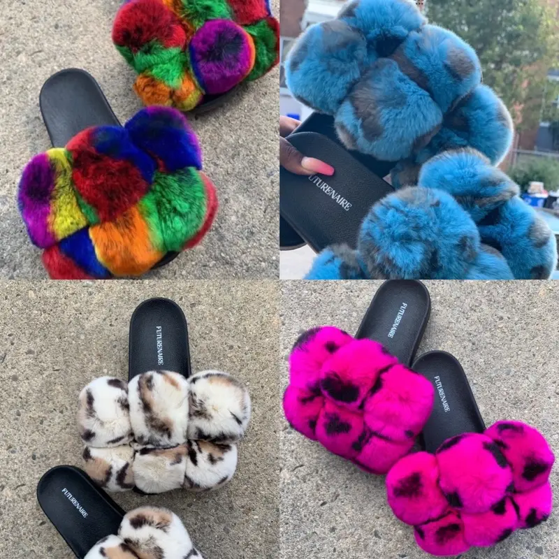 Cheetah Poms Fur Slides for Women - Cute Open Toe Slides with Comfortable Rubber Sole Perfect for Indoor Use Autumn Style Girl Walking Shoes Footwear Fluffy Flipflop Soft and Durable Sole for Year-Round Wear - Slipper