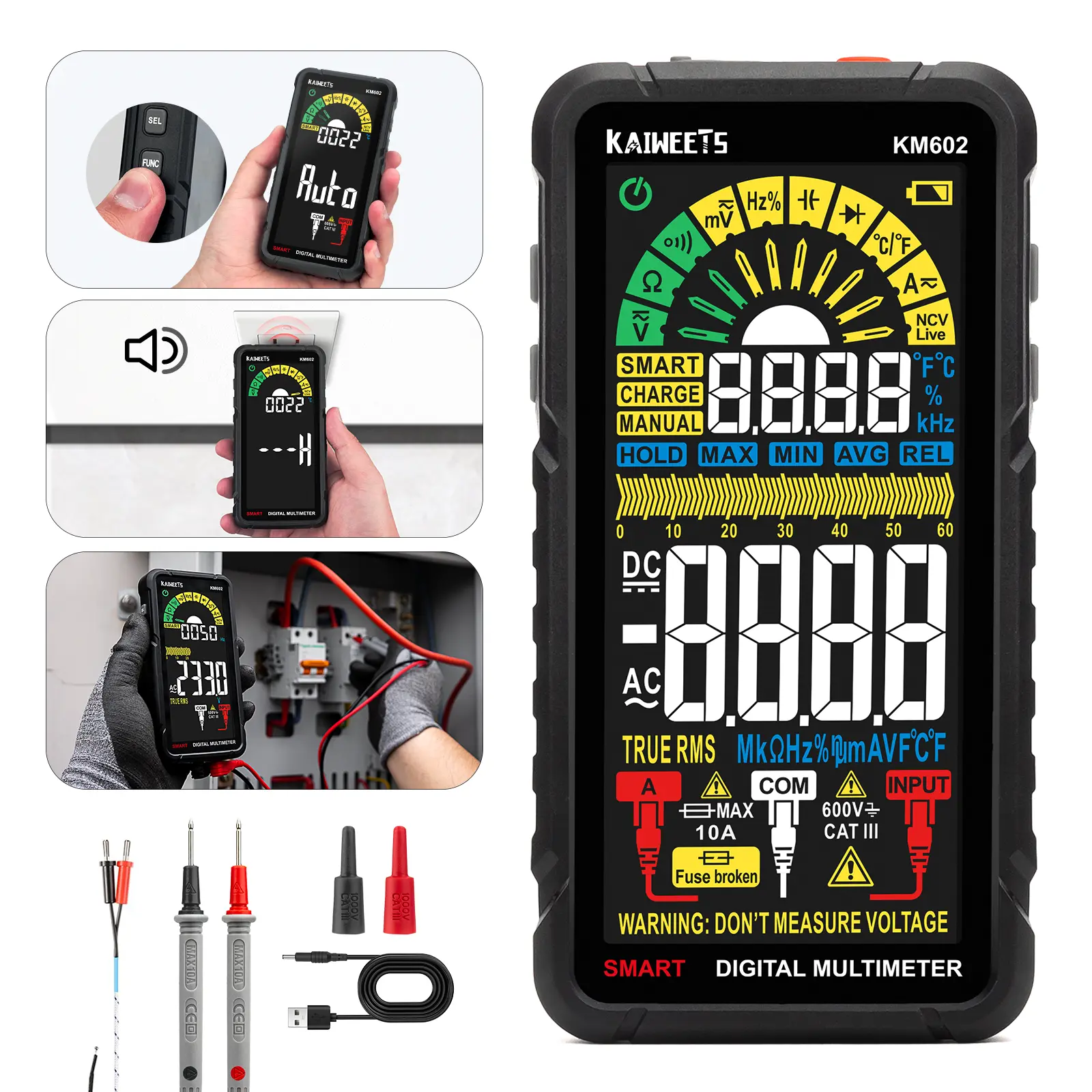 KAIWEETS Smart Multimeter Rechargeable Electrical Tester with Auto Ranging Digital Voltmeter Measures Voltage Current Resistance Continuity Capacitance Temperature Frequency NCV 6000 Counts TRMS, DIY Electrician Tool Kit