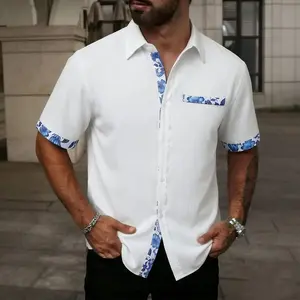 Men’s fashion shirt, contrast-color turn-down collar short-sleeve top, suitable for vacations, the beach, dates, summer outings, and other occasions