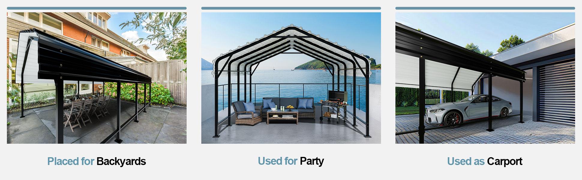 Walsunny Carport, 20 FT Heavy Duty Steel Carport Canopy for Outdoor Activities and Events, Iron Metal Carport Garage for Pickup, Boat, Car and Tractors, Grey
