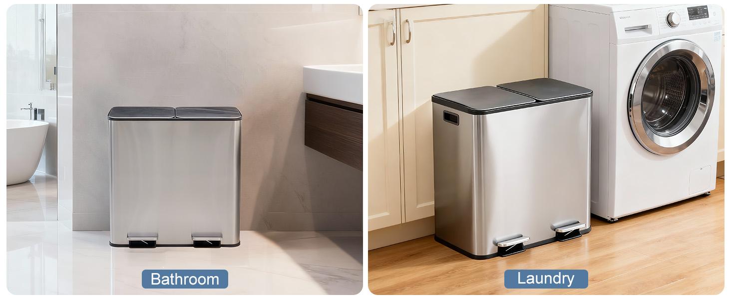 2 x 10.6 Gallon Kitchen Trash Can with Lid, Stainless Steel Garbage Can with Soft-Close Lid & Removable Inner Buckets, Dual Compartment Step-on Waste Bins for Kitchen Bathroom Bedroom Office