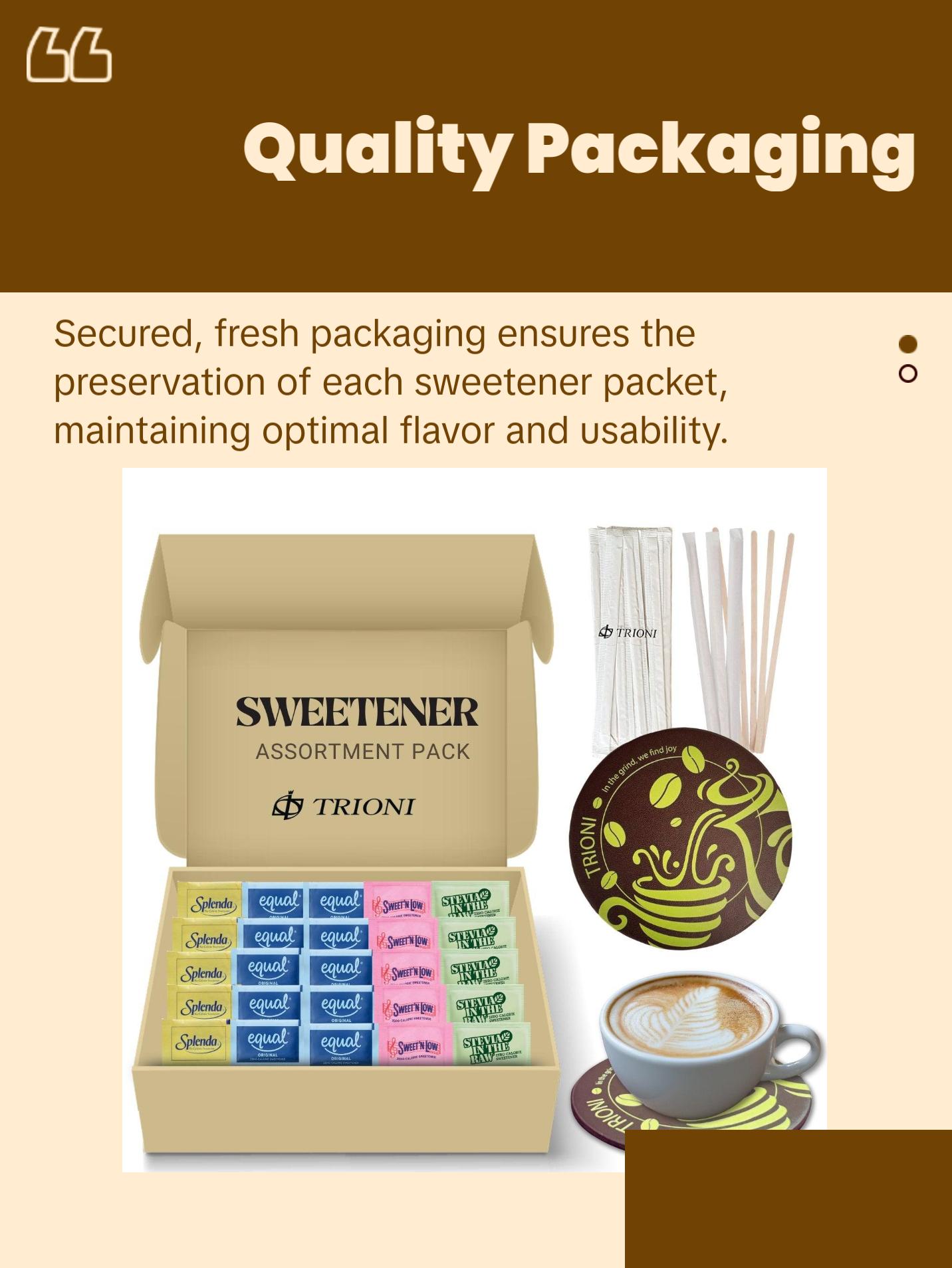 TRIONI Sweetener Assortment Pack - Stevia, Aspartame, Saccharin, and Sucralose with Stirrers and Coaster