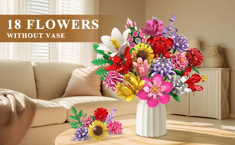 Flower Bouquet Building Set, Valentines Day Botanical Collection Building Block Toy 1461 PCS, 18 Flowers Rose Sunflower Home Plant Decor, Birthday Gifts for Adults Women Boys Girls 8-12+